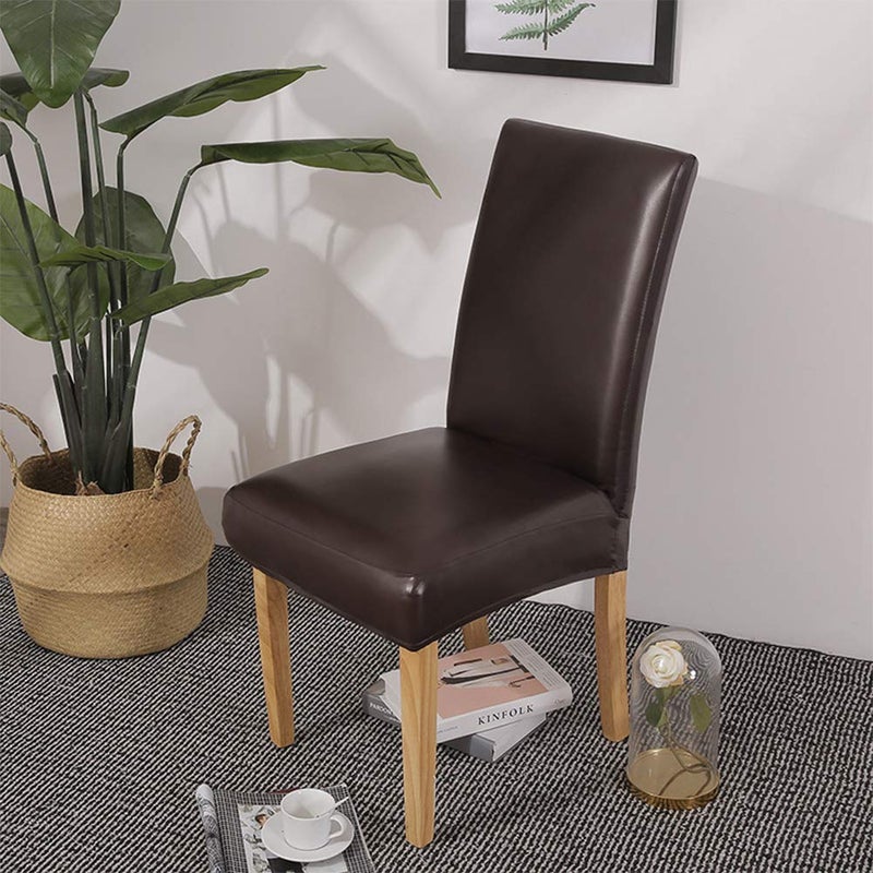 FLYPARTY Stretch Solid Pu Leather Waterproof Dining Chair Cover Slipcover Removable Washable Short Dining Chair Cover Protector Seat Solid Slipcovers for Hotel,Dining Room,Wedding (Brown, 4) - Image 2